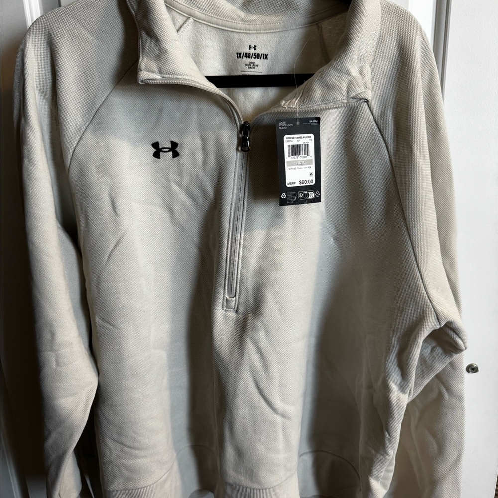 Under Armour Women's Half-Zip Pullover Sweatshirt in Light Beige with Black Logo